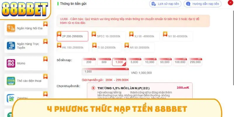 4 phương thức nạp tiền 88Bbet